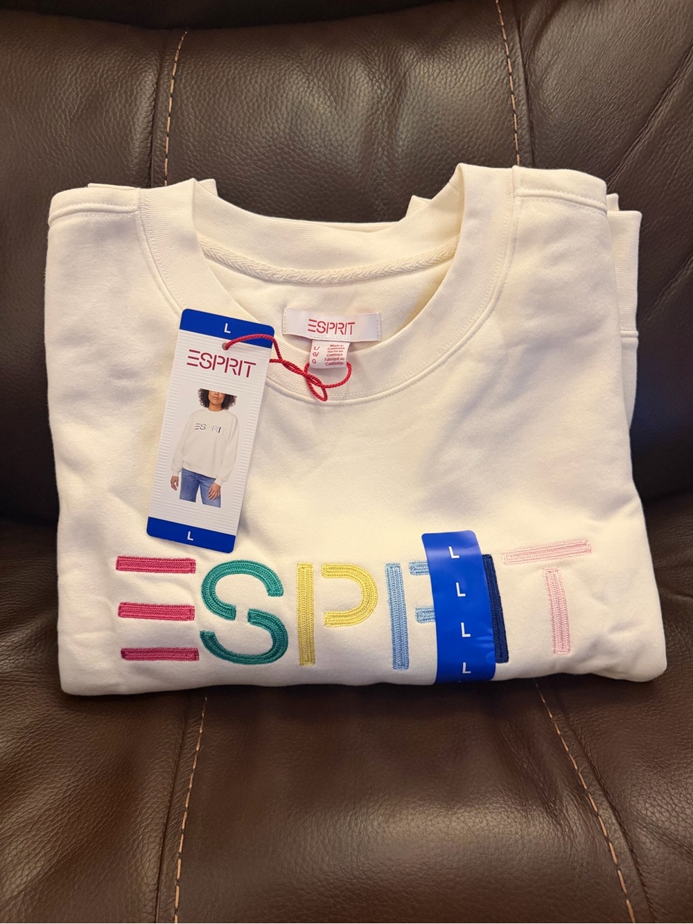 Esprit Viral Costco Cream Crew Sweatshirt with 80s Pastel Logo NWT - Picture 4 of 5